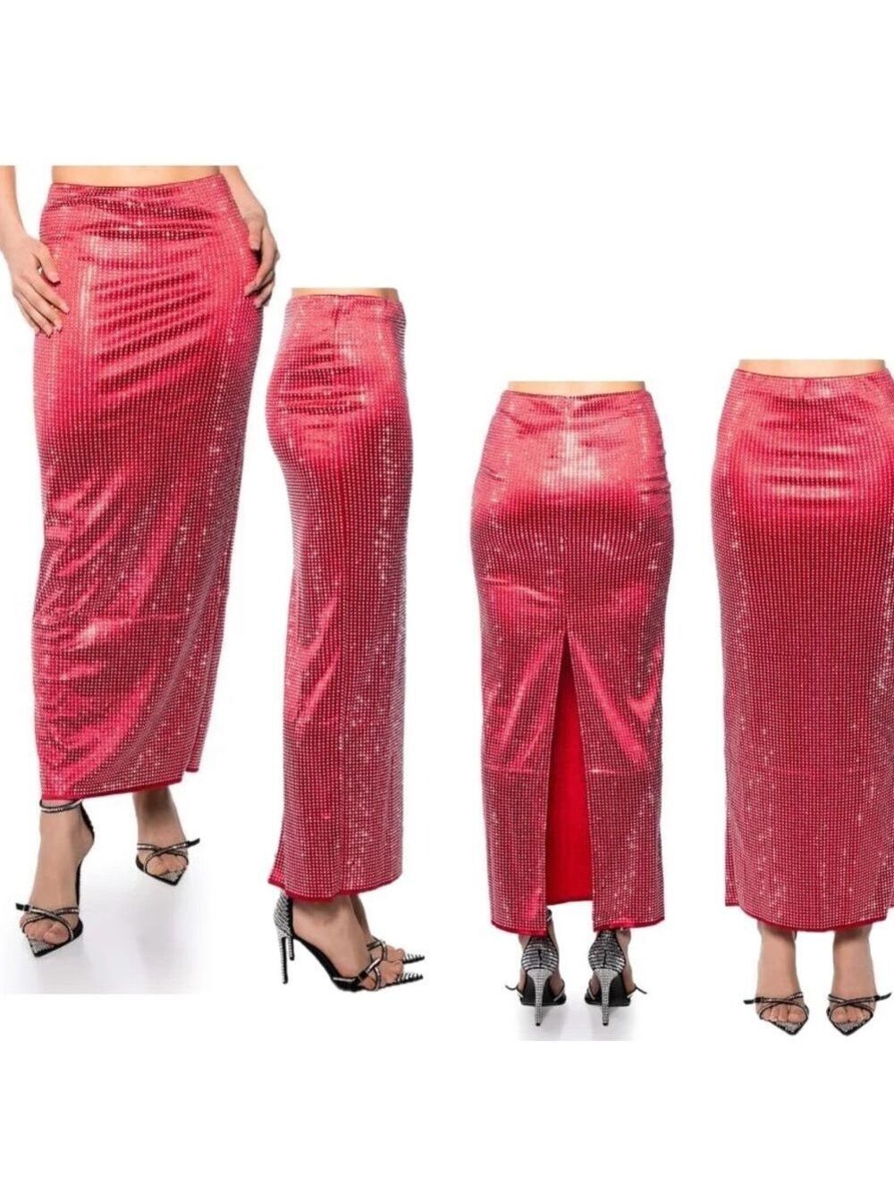 AKIRA Decision Maker Rhinestone Embellished Diamante Sparkly Maxi Skirt in Red L